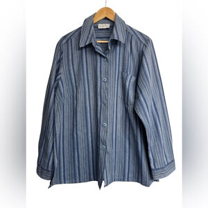 Lori Michaels Blue Striped Button Front Shirt Linen Cotton Blend Women’s Large